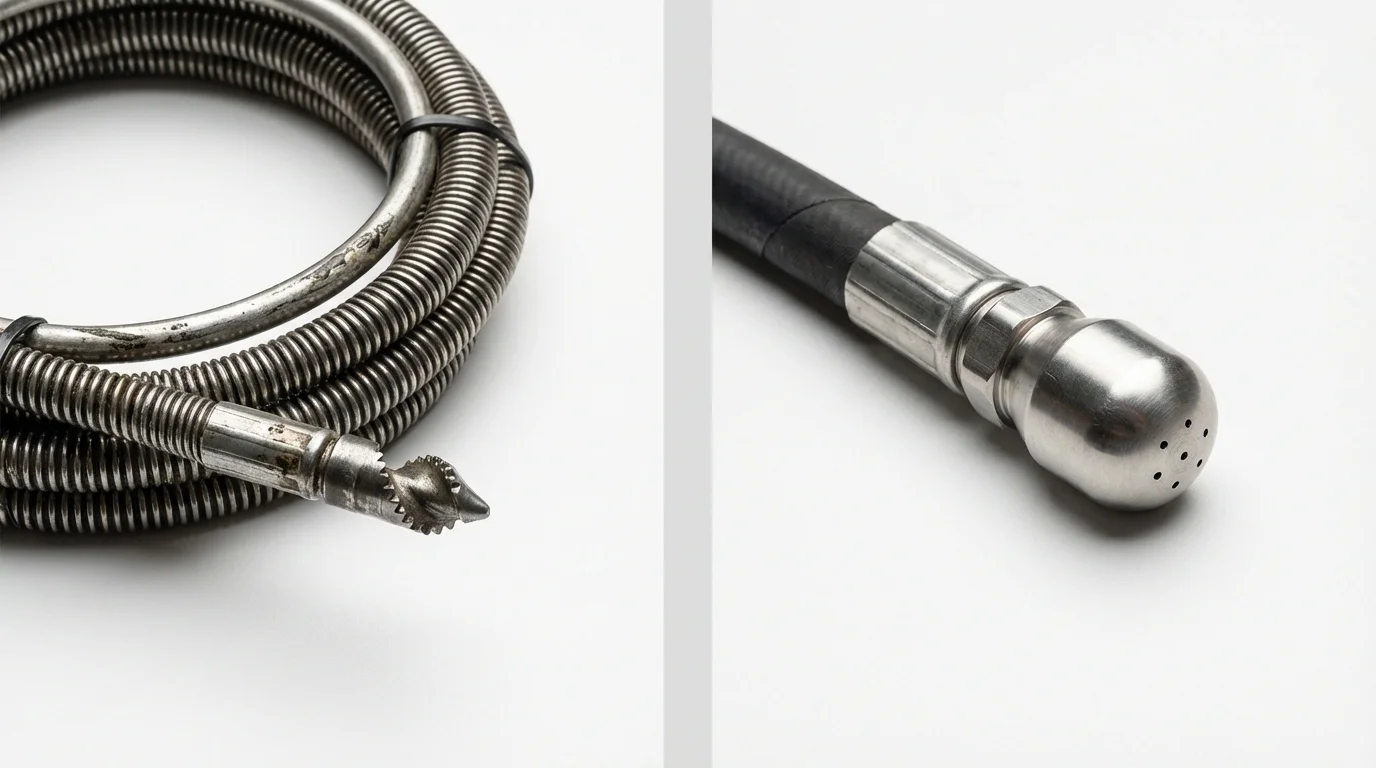 Drain snake cable and hydro jetting nozzle used for drain cleaning in New Windsor, NY