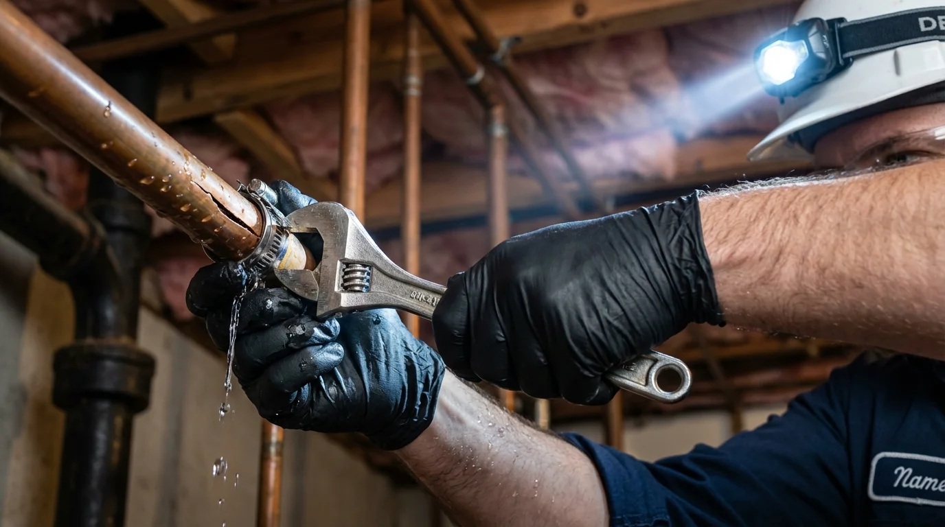 Emergency pipe clamp repair being performed by a Johns Plumbing LLC plumber in New Windsor