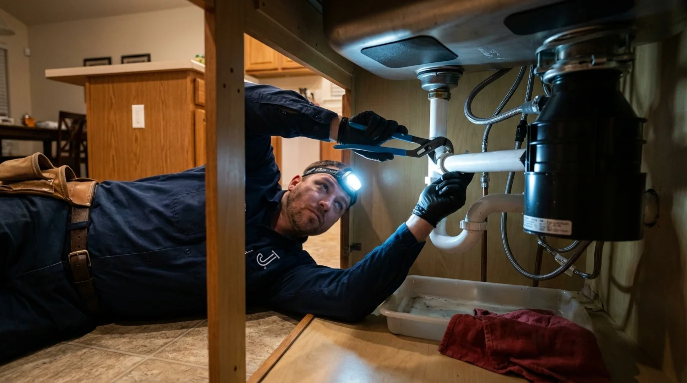 P-trap and supply line connections under a kitchen sink showing a common leak point in New Windsor, NY